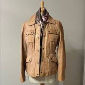 Banana Republic Tan Leather Utility Jacket Lined Women's X Small Full Zip Snap